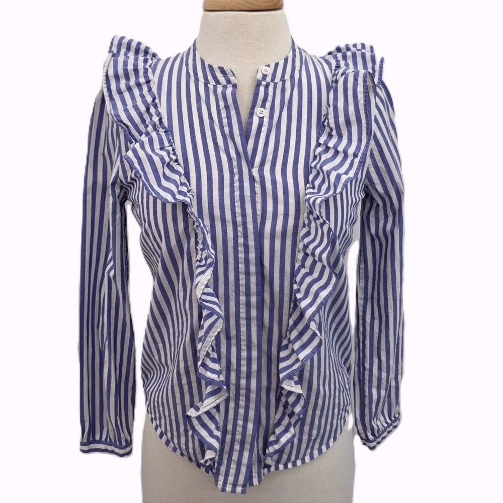 Madewell Womens S Blue White Striped Ruffle Trim‎ Button Up Long Sleeve Blouse